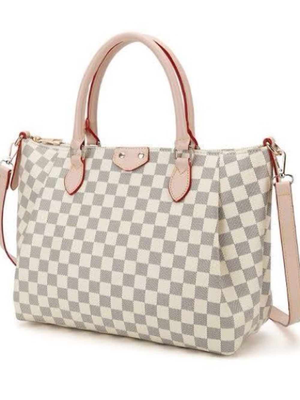 Cream Checkered Satchel Handbag with Pink Trim